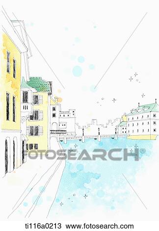 Drawing - A painting of buildings next to a river. Fotosearch