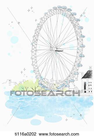 A painting of london eye View Large Illustration Drawing - A painting of london eye. Fotosearch