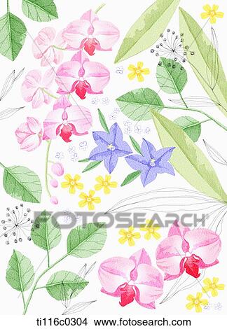 A painting of pink blue and yellow flowers View Large Illustration Stock Illustration - A painting of pink blue and yellow flowers. Fotosearch
