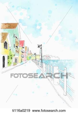 Stock Illustration - A painting of town next to london river. Fotosearch