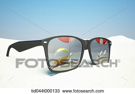Drawing - a pair of sunglasses in the sandy beach. Fotosearch