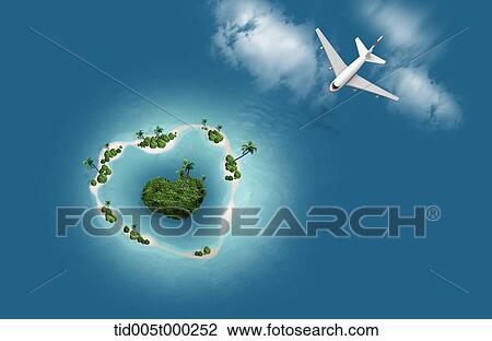 airplane flying over the heart-shaped island in the middle of the ocean View Large Illustration Drawing - airplane flying over the heart-shaped island in the middle of the ocean. Fotosearch