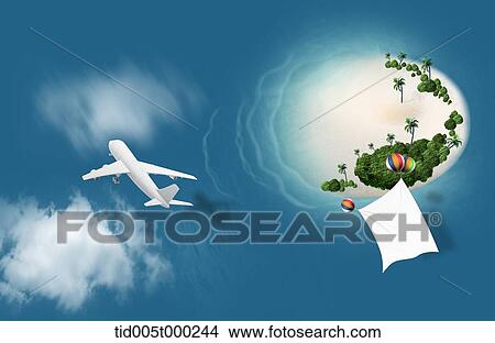 Stock Illustration - airplane flying over the island in the middle of the ocean. Fotosearch