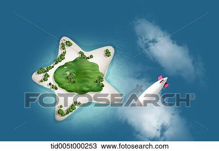 airplane flying over the star-shaped island in the middle of the ocean View Large Illustration Drawing - airplane flying over the star-shaped island in the middle of the ocean. Fotosearch