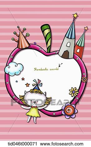 Clip Art - apple-shaped frame with kitten and castle . Fotosearch