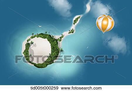 Stock Illustration - balloon over islands in the middle of the ocean. Fotosearch