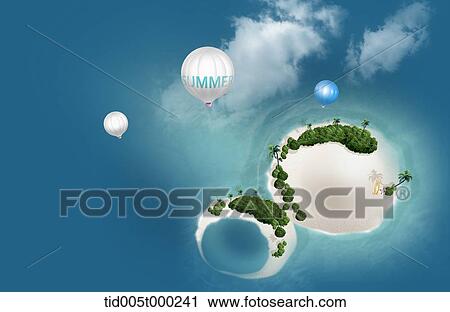 Clip Art - balloons over islands in the middle of the ocean. Fotosearch