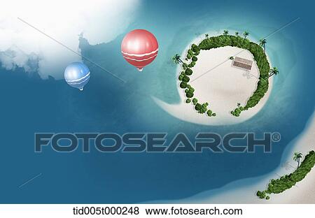 Stock Illustration - balloons over islands in the middle of the ocean. Fotosearch