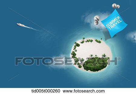 Clipart - banner and balloons over the island in the middle of the ocean. Fotosearch