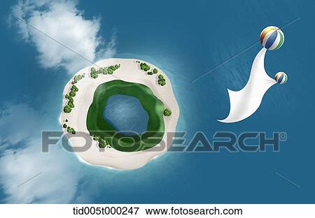 Stock Illustration - banner and balloons over the island in the middle of the ocean. Fotosearch