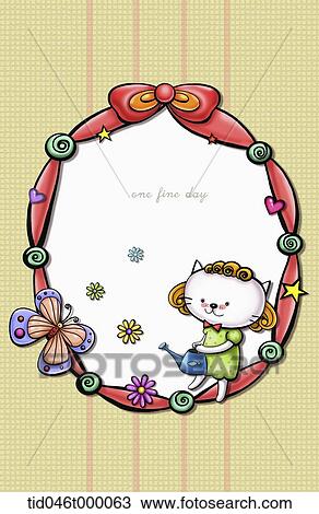 Drawing - butterfly and ribbon frame with kitten watering flower . Fotosearch