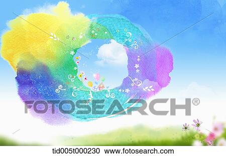 Clipart - circular frame of grass in the sky . Fotosearch