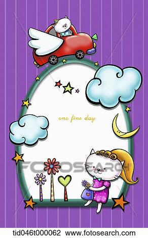 clouds and flower frame with kitten driving a car View Large Illustration Drawing - clouds and flower frame with kitten driving a car. Fotosearch