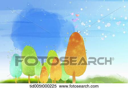 colorful trees and circular frame in the sky View Large Illustration Stock Illustration - colorful trees and circular frame in the sky . Fotosearch