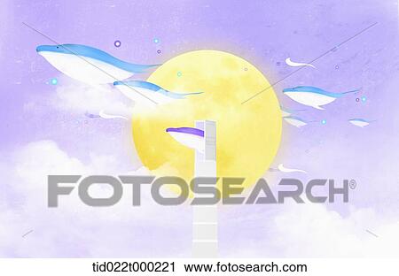 Clip Art - dolphins and moon background . Fotosearch