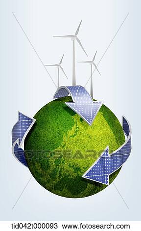 Drawing - energy circulation on the green globe. Fotosearch