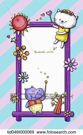 Stock Illustration - floral frame with kitten and hippo . Fotosearch