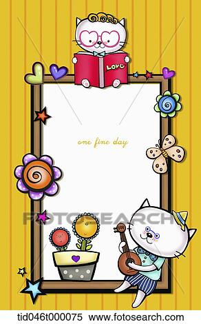 Stock Illustration - floral frame with kitten reading a book and playing guitar. Fotosearch