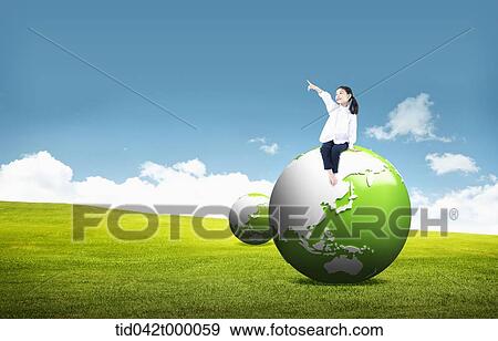 Stock Illustration - girl sitting on the globe and pointing out with finger. Fotosearch