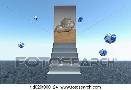 Stock Illustration - globes over the water and inside the door. Fotosearch