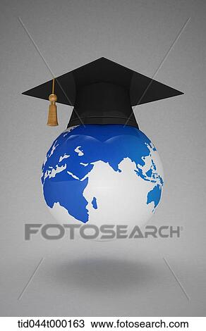 graduation cap on the globe View Large Illustration Drawing - graduation cap on the globe. Fotosearch