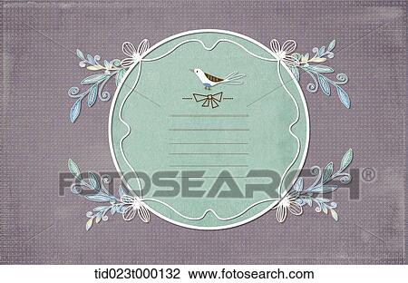 Drawing - green and gray postcard with a design of bird. Fotosearch