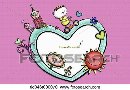 heart frame with kitten and sun View Large Illustration Clipart - heart frame with kitten and sun . Fotosearch