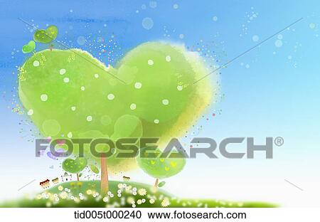 Clipart - heart-shaped frame of grass in the sky . Fotosearch