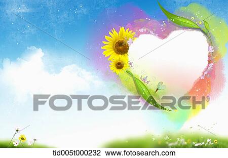 heart-shaped frame of grass in the sky View Large Illustration Drawing - heart-shaped frame of grass in the sky . Fotosearch