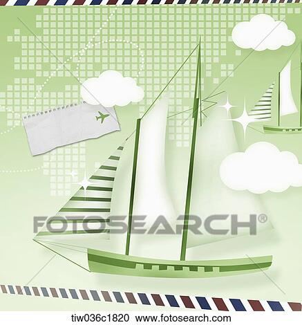 Clipart - Illlustration of a sail boat on a international envelope . Fotosearch