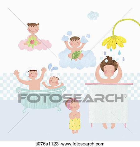 illustration of a family having a bath View Large Illustration Drawing - illustration of a family having a bath. Fotosearch