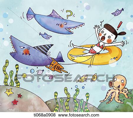 illustration of a girl with a swimtube being scared by sharks View Large Illustration Stock Illustration - illustration of a girl with a swimtube being scared by sharks. Fotosearch