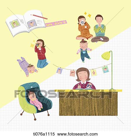 Stock Illustration - illustration of a mother writing baby diary. Fotosearch