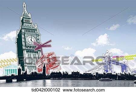 Drawing - illustration of Big Ben and Tower Bridge in London, United Kingdom . Fotosearch