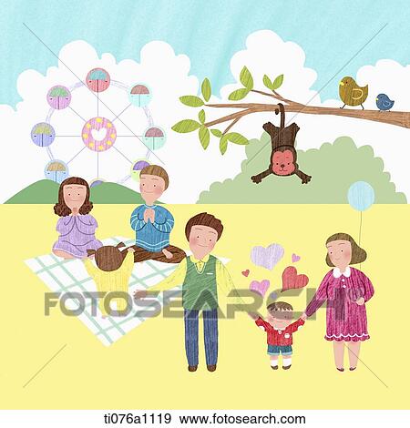 Stock Illustration - illustration of families having fun in picnic. Fotosearch