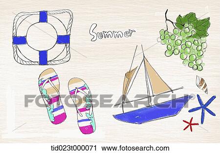 illustration of items for summer vacation View Large Illustration Clip Art - illustration of items for summer vacation. Fotosearch