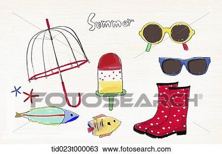 Drawing - illustration of items for summer vacation. Fotosearch