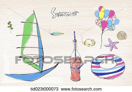 Drawing - illustration of items for summer vacation. Fotosearch
