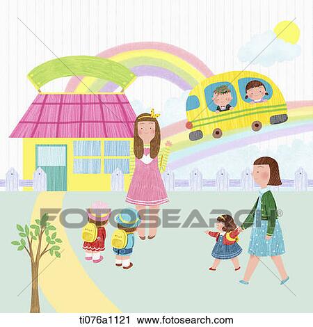 illustration of kids going to a kindergarden View Large Illustration Clip Art - illustration of kids going to a kindergarden. Fotosearch