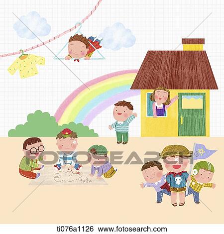 Stock Illustration - illustration of kids playing outdoor. Fotosearch