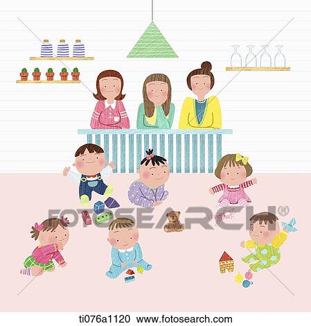 Clipart - illustration of mothers watching their kids play. Fotosearch
