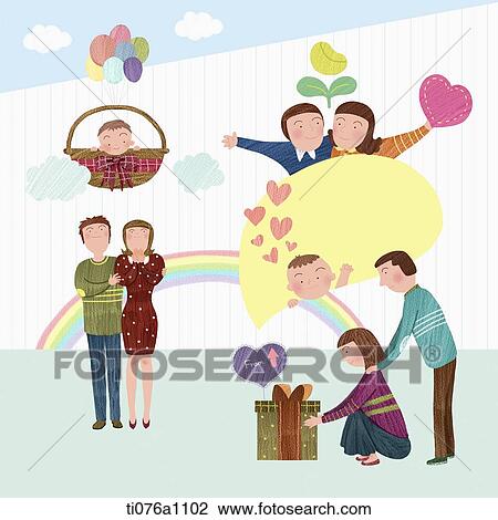 Drawing - illustration of parents having a baby as a present. Fotosearch