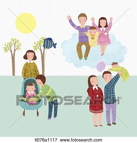Stock Illustration - illustration of parents with newborn baby playing together. Fotosearch