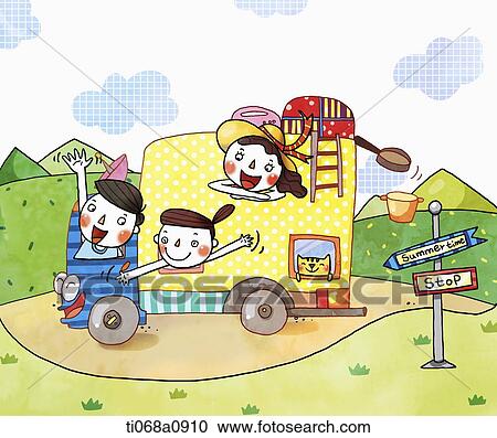 Clipart - illustration of peole going on a picnic in a truck. Fotosearch