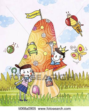 Stock Illustration - illustration of people in a summer mushroom house. Fotosearch