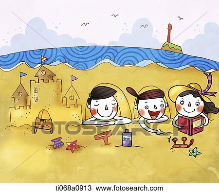 Drawing - illustration of people lying next to a sand castle. Fotosearch