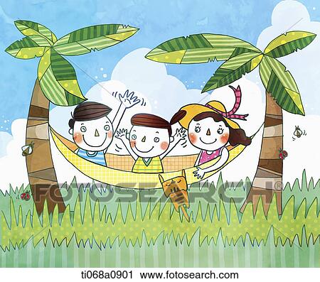 Clip Art - illustration of people on a hammock between palm trees. Fotosearch