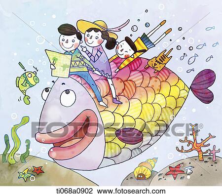 Drawing - illustration of people sitting on a big fish. Fotosearch