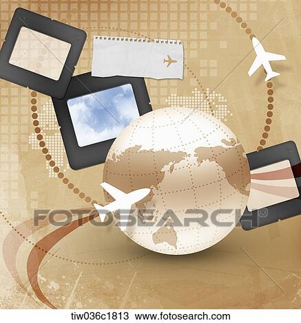 Drawing - Illustration of photo borders around a globe. Fotosearch