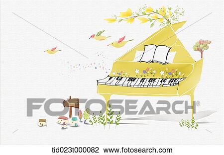 Drawing - illustration of piano and music . Fotosearch